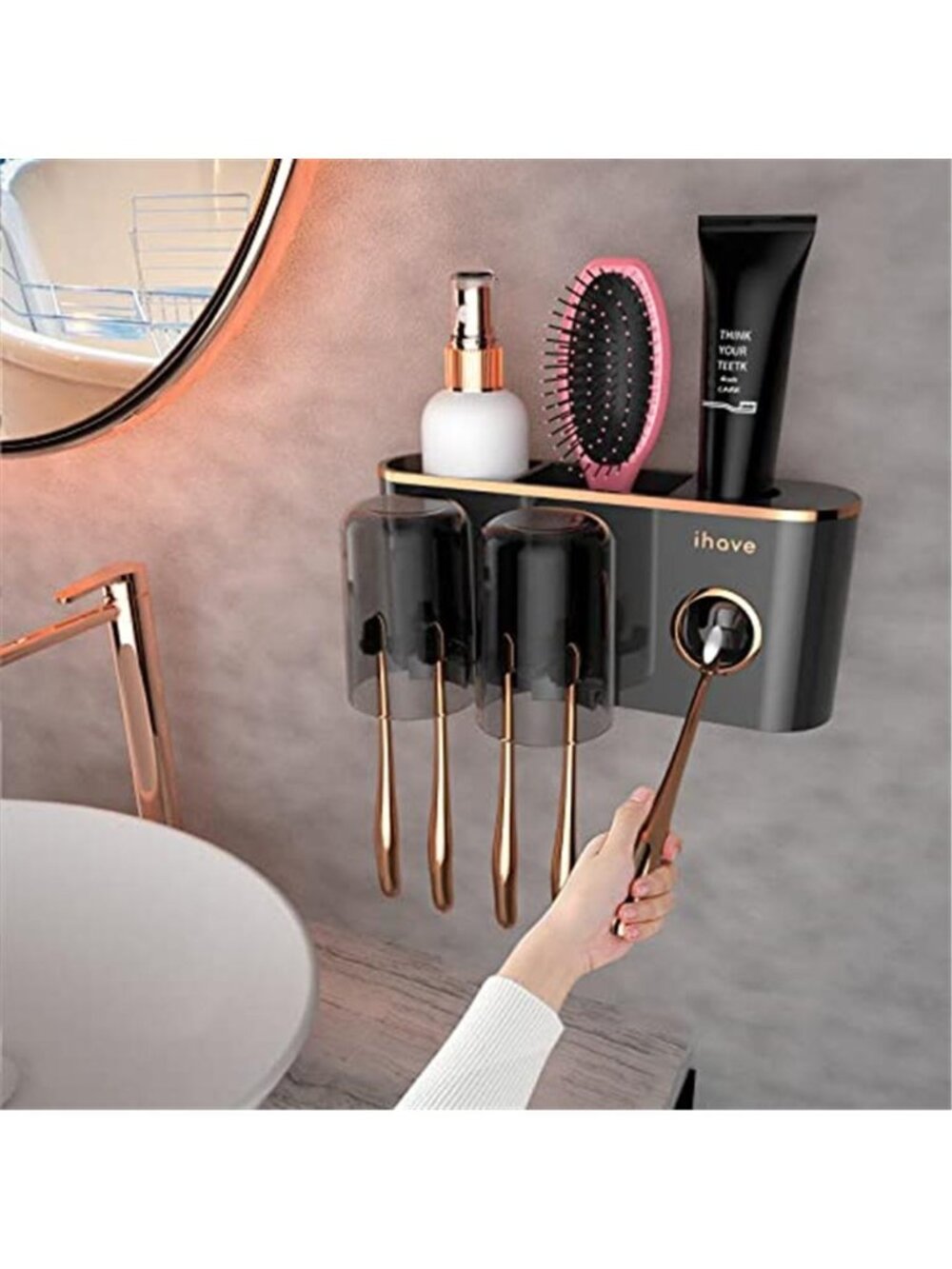 Wall Mount Toothbrush Holder Bathroom Organizer Toothpaste Dispenser 2 Cup Black